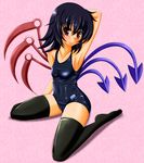  absurdres asymmetrical_wings bad_id bad_pixiv_id black_legwear blush highres houjuu_nue one-piece_swimsuit school_swimsuit shiny shiny_clothes skindentation smile solo swimsuit tera_hiroshi thighhighs touhou wings 