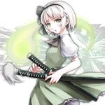  ascot black_hairband crost ghost green_eyes hairband hitodama katana konpaku_youmu konpaku_youmu_(ghost) scabbard sheath short_hair silver_hair solo sword touhou weapon white_hair 