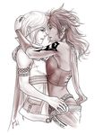  breast_press breasts cleavage dark_skin earrings final_fantasy final_fantasy_xiii hug indian_clothes jango-joe jewelry large_breasts lightning_farron lingerie long_hair midriff multiple_girls oerba_yun_fang pink_hair sari skirt symmetrical_docking tattoo underwear yuri 