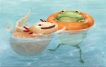 animal axolotl frog happy innertube kodama_(artist) no_humans open_mouth playing smile swimming water 
