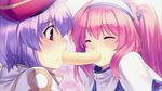  agarest_senki_(series) agarest_senki_2 aina_(agarest_senki) banana blush closed_eyes eating face fiona_(agarest_senki) food fruit game_cg hirano_katsuyuki multiple_girls pink_hair purple_hair sexually_suggestive sweatdrop 