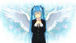  angel_wings blue_hair bug butterfly closed_eyes hands_on_own_chest hatsune_miku highres insect kurasawa_moko light_smile long_hair school_uniform solo twintails vocaloid wings 
