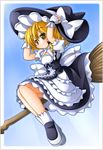  black_dress blonde_hair broom broom_riding dress hand_on_headwear hat highres kirisame_marisa shinjitsu sidesaddle solo touhou witch witch_hat yellow_eyes 