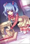  bed bedroom blue_hair chiyingzai doll dutch_angle kneeling original pink_eyes sleeping solo striped striped_legwear thighhighs twintails 