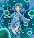 blue_hair blush boots bubble closed_eyes dress face hair_bobbles hair_ornament hat kawashiro_nitori key knees pocket short_hair short_twintails skirt solo touhou twintails two_side_up underwater water yudepii 