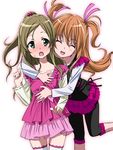  blush brown_hair capri_pants closed_eyes green_eyes half_updo homing_(areya) houjou_hibiki hug long_hair minamino_kanade multiple_girls open_mouth orange_hair pants precure suite_precure thighhighs two_side_up white_background 