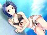  ahoge bikini blue_hair brown_bikini front-tie_top idolmaster idolmaster_(classic) idolmaster_2 light_smile miura_azusa muhi11234 print_sarong red_eyes sarong sky solo swimsuit 