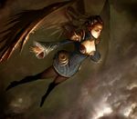  black_legwear blue_eyes breasts brown_hair cleavage copyright_request dark_clouds flying full_moon kyoung_hwan_kim long_sleeves medium_breasts moon pantyhose solo storm wings 