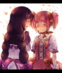  akemi_homura black_hair blush braid choker closed_eyes from_behind kaname_madoka letterboxed long_hair magical_girl mahou_shoujo_madoka_magica mika_(1020mk) multiple_girls pink_hair puffy_sleeves red_choker short_hair short_twintails smile spoilers tears twin_braids twintails 