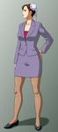  1girl blazer breasts brown_eyes brown_hair capcom chun-li double_bun feet formal hand_on_hip highres hips legs lipstick long_skirt looking_away makeup office_lady pantyhose pumps shadow shoes short_hair simple_background skirt solo standing street_fighter suit thighs x_bokkis 