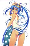  1girl :3 :d absurdres bikini blue_eyes blue_hair copyright_request diving_mask goggles highres innertube long_hair looking_at_viewer looking_back murakami_suigun one-piece_tan open_mouth side-tie_bikini smile snorkel solo striped striped_bikini striped_swimsuit swimsuit tan tanline 