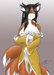  bottomless canine female fox japanese_clothing kimono kitsune lucia midnight_(artist) multi_ear multiple_tails solo tail topless 