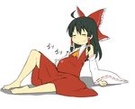  ahoge arm_support ascot barefoot belly bow detached_sleeves feet hair_bow hair_tubes hakurei_reimu hand_under_clothes hand_under_shirt hiroya_juuren sarashi shirt sitting skirt solo touhou yin_yang 