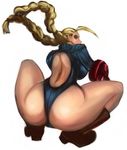  ass back blonde_hair blue_leotard boots cammy_white full_body green_eyes huge_ass iad leotard long_hair looking_back simple_background solo squatting street_fighter thighs thong_leotard 