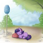 cute equine female feral friendship_is_magic hair hair_clip hairclip horn horns horse mammal my_little_pony pony sign sleeping suitcase tree twilight_sparkle_(mlp) two_tone_hair unicorn unknown_artist wood 