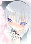  black_hairband blue_eyes blush close-up face hairband hands katana konpaku_youmu saki_chisuzu short_hair silver_hair solo sword touhou weapon 