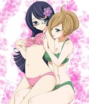  araragi_(pokemon) ass blue_eyes borupikka bra breasts brown_hair duplicate flat_chest glasses green_bra green_panties large_breasts lingerie makomo_(pokemon) panties pink_bra pink_panties pokemon pokemon_(game) pokemon_black_and_white pokemon_bw purple_hair small_breasts underwear yuri 