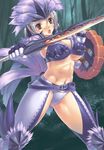  belt breasts feathers grey_hair hypnocatrice_(armor) large_breasts monster_hunter navel red_eyes shield solo sword uchiu_kazuma underboob weapon 