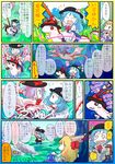  blue_hair carrying closed_eyes comic dragon english food frown fruit gourd hat hinanawi_tenshi ibuki_suika jizeru_(giselebon) knight lightning multiple_girls nagae_iku nagae_iku_(fish) oarfish parody peach piggyback purple_hair red_eyes short_hair sword sword_of_hisou touhou translated wavy_mouth weapon 