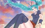  1girl :d aqua_eyes aqua_hair black_legwear choker crazypen floating_hair hair_ribbon hatsune_miku holding_hands long_hair open_mouth out_of_frame pointing puffy_sleeves ribbon smile solo_focus sunset thighhighs twintails vocaloid wallpaper wrist_cuffs 