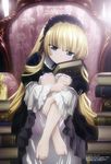  absurdres amisaki_ryouko armchair barefoot blonde_hair book chair crossed_ankles feet full_body gosick gothic_lolita green_eyes hairband highres leg_hug lolita_fashion long_hair megami non-web_source official_art scan sitting solo very_long_hair victorica_de_blois 