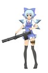  absurdres bad_id bad_pixiv_id black_legwear blue_eyes blue_hair bow bullet cirno dress gatling_gun gun hair_bow highres kinakomoti minigun short_hair solo thigh_strap thighhighs touhou weapon wings 