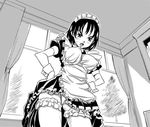  1girl :o angry apron ass bangs bloomers blush breasts cameltoe covered_nipples curtains dress frills greyscale hands_on_hips impossible_clothes indoors large_breasts looking_at_viewer looking_down maid maid_headdress monochrome open_mouth original short_hair solo standing sweatdrop tree underwear upskirt window wrist_cuffs 