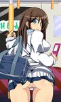  ass blue_eyes brown_hair cellphone censored comord flip_phone looking_back miniskirt mosaic_censoring no_panties original phone pleated_skirt pussy skirt solo train_interior 