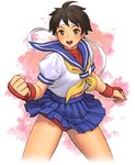  blue_sailor_collar brown_eyes brown_hair buruma clenched_hand fingerless_gloves gloves headband iyokawa kasugano_sakura midriff open_mouth red_buruma sailor_collar school_uniform serafuku short_hair skirt solo standing street_fighter 