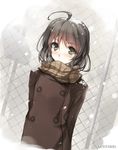 ahoge blush brown_eyes coat enpera koisuru_kimon_no_protocol plaid plaid_scarf scarf snow solo won_(az_hybrid) 