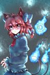  animal_ears bad_id bad_pixiv_id blush bow braid cat_ears cat_tail frown hair_bow kaenbyou_rin mizunashi_(second_run) multiple_tails red_eyes red_hair short_hair solo tail touhou 