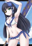  armpits bad_id bad_pixiv_id bikini black_hair breasts cleavage eyepatch frilled_bikini frills front-tie_top green_eyes hair_ribbon long_hair medium_breasts nagisa_(psp2i) navel phantasy_star phantasy_star_portable_2_infinity picolumi ribbon side-tie_bikini solo swimsuit sword weapon 