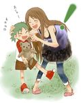  ! 2girls artist_request ayase_asagi brown_hair child duralumin green_hair happy koiwai_yotsuba laughing long_hair multiple_girls quad_tails stuffed_animal stuffed_toy teddy_bear yotsubato! 