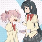  akemi_homura bad_id bad_pixiv_id black_hair blood chocolate chocolate_heart closed_eyes feeding hairband harmaline heart highres kaname_madoka long_hair mahou_shoujo_madoka_magica mitakihara_school_uniform multiple_girls nosebleed open_mouth pink_hair school_uniform short_hair short_twintails twintails 