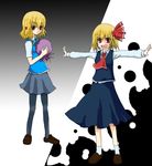  2girls blonde_hair crossover d-frag! multiple_girls open_mouth pantyhose red_eyes rumia school_uniform shibasaki_roka short_twintails skirt smile the_embodiment_of_scarlet_devil touhou twintails youkai 