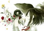  black_hair blue_eyes cuffs face flower hat holding horns kunimura_hakushi lily_(flower) nail_polish original pale_skin parted_lips petals profile red_flower red_rose ribbon rose short_hair simple_background skull sleeve_cuffs solo white_background witch_hat 