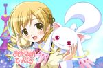  :3 :d blonde_hair blush drill_hair face jewelpet_(series) jewelpet_twinkle kyubey mahou_shoujo_madoka_magica mitakihara_school_uniform open_mouth parody pink_eyes school_uniform shiumai smile soul_gem tomoe_mami yellow_eyes 