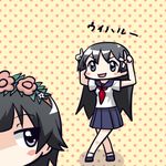  black_eyes black_hair blush_stickers crossed_legs flower hair_flower hair_ornament head_wreath long_hair moja_(gibson) multiple_girls sakugawa_school_uniform saten_ruiko school_uniform serafuku short_hair sitting skirt to_aru_kagaku_no_railgun to_aru_majutsu_no_index translated uiharu_kazari 