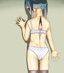  blue_eyes bodysuit bra change cosplay costume dachaku female gradient gradient_background highres kigurumi mask panties solo standing twintails underwear zipper 