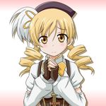  blonde_hair blush drill_hair fingerless_gloves gloves gradient hands_together hat long_hair looking_at_viewer magical_girl mahou_shoujo_madoka_magica own_hands_together shadow simple_background solo takumi_(rozen_garten) tomoe_mami twin_drills twintails yellow_eyes 