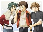  after_war_gundam_x akiha_(ominaeshi) bad_id bad_pixiv_id braid brown_hair commentary crossover duo_maxwell garrod_ran green_eyes green_hair gundam gundam_wing gundam_zz jacket judau_ashta multiple_boys ponytail purple_eyes single_braid 