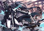  bf._(sogogiching) bikini_top black_hair black_rock_shooter black_rock_shooter_(character) blue_eyes boots burning_eye chain front-tie_top glowing glowing_eye hood hooded_jacket hoodie jacket long_hair pale_skin scar short_shorts shorts solo sword symbol-shaped_pupils twintails very_long_hair weapon 