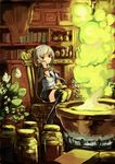  :&lt; bad_id bad_pixiv_id black_legwear book bracelet cape chair fire flower hand_on_own_cheek hand_on_own_face holding holding_feather indoors jar jewelry kureta_(nikogori) open_mouth original plant red_eyes short_hair silver_hair sitting solo steam thighhighs triangle_mouth 