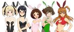  4girls akizuki_ryou animal_costume animal_ears antenna_hair blonde_hair blush brown_hair bunny_boy bunny_ears bunny_girl bunnysuit collaboration crossdressing dearly_stars freckles green_eyes hidaka_ai highres idolmaster idolmaster_dearly_stars long_hair mizutani_eri multiple_girls otoko_no_ko pantyhose red_eyes sakurai_yumeko short_hair suzuki_ayane terra_tiger transparent_background twintails yugami 