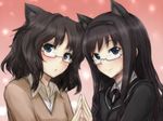  amagami animal_ears bespectacled black_hair blue_eyes cat_ears face glasses hands kibito_high_school_uniform morishima_haruka multiple_girls negija school_uniform sketch symmetrical_hand_pose tanamachi_kaoru upper_body 