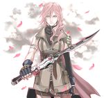  bad_id bad_pixiv_id cape final_fantasy final_fantasy_xiii fingerless_gloves gloves green_eyes insmbby lightning_farron long_hair petals pink_hair skirt solo sword weapon zipper 