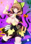  1girl alternate_breast_size alternate_costume animal_hood artist_name black_footwear black_hood boots bow bowtie breasts brown_eyes brown_hair cat_hood cat_tail commentary_request covered_nipples eyebrows_visible_through_hair gradient gradient_background halloween healin&#039;_good_precure hiramitsu_hinata hood joy_ride knees large_breasts lips looking_at_viewer paw_pose precure purple_background short_hair smile solo tail thighs yellow_neckwear 