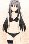  akemi_homura arms_behind_back asymmetrical_clothes bare_shoulders black_bra black_hair black_hairband black_legwear black_panties bra hairband head_tilt lace lace-trimmed_bra lace-trimmed_thighhighs lingerie long_hair mahou_shoujo_madoka_magica navel panties parted_lips purple_eyes sakebuotoko signature single_thighhigh solo standing thighhighs underwear underwear_only 