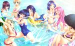  armpits bikini bokken breasts cameltoe cleavage food frilled_bikini frills front-tie_top fruit innertube kickboard medium_breasts miya_(pure_lemon) multiple_girls navel one-piece_swimsuit one_eye_closed school_swimsuit side-tie_bikini small_breasts splashing suikawari swimsuit sword umbrella watermelon weapon wooden_sword 