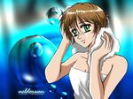  arm arms bare_shoulders blue breasts brown_hair bubble cleavage drying female green_eyes kanzaki_hitomi naked_towel short_hair smile solo tenkuu_no_escaflowne towel towel_on_head 